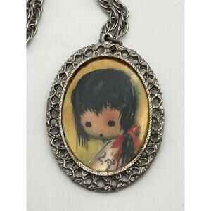Vintage Ted DeGrazi style Art Print Necklace silvertone girl with ponytail